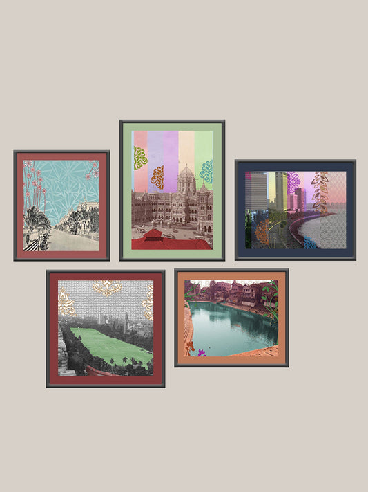 Wall Art Cluster Canvas Bombay Beat Highlighted with Hand Embroidery - 12"X 16"; 14"X 16"; 14"X 14"; 12"X 14"; 12"X 14"