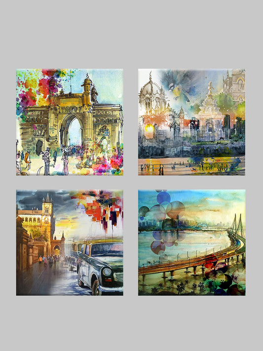 Wall Art Cluster Canvas Reflections of Bombay Highlighted with Hand Embroidery