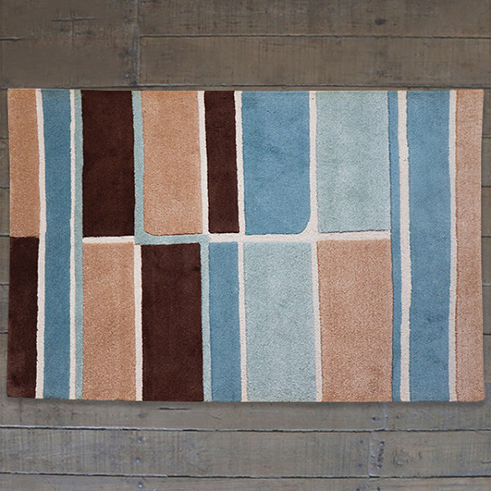 Carpet Hand Tufted 100% Woollen Multi Light Blue And Off White Block - 4ft X 6ft