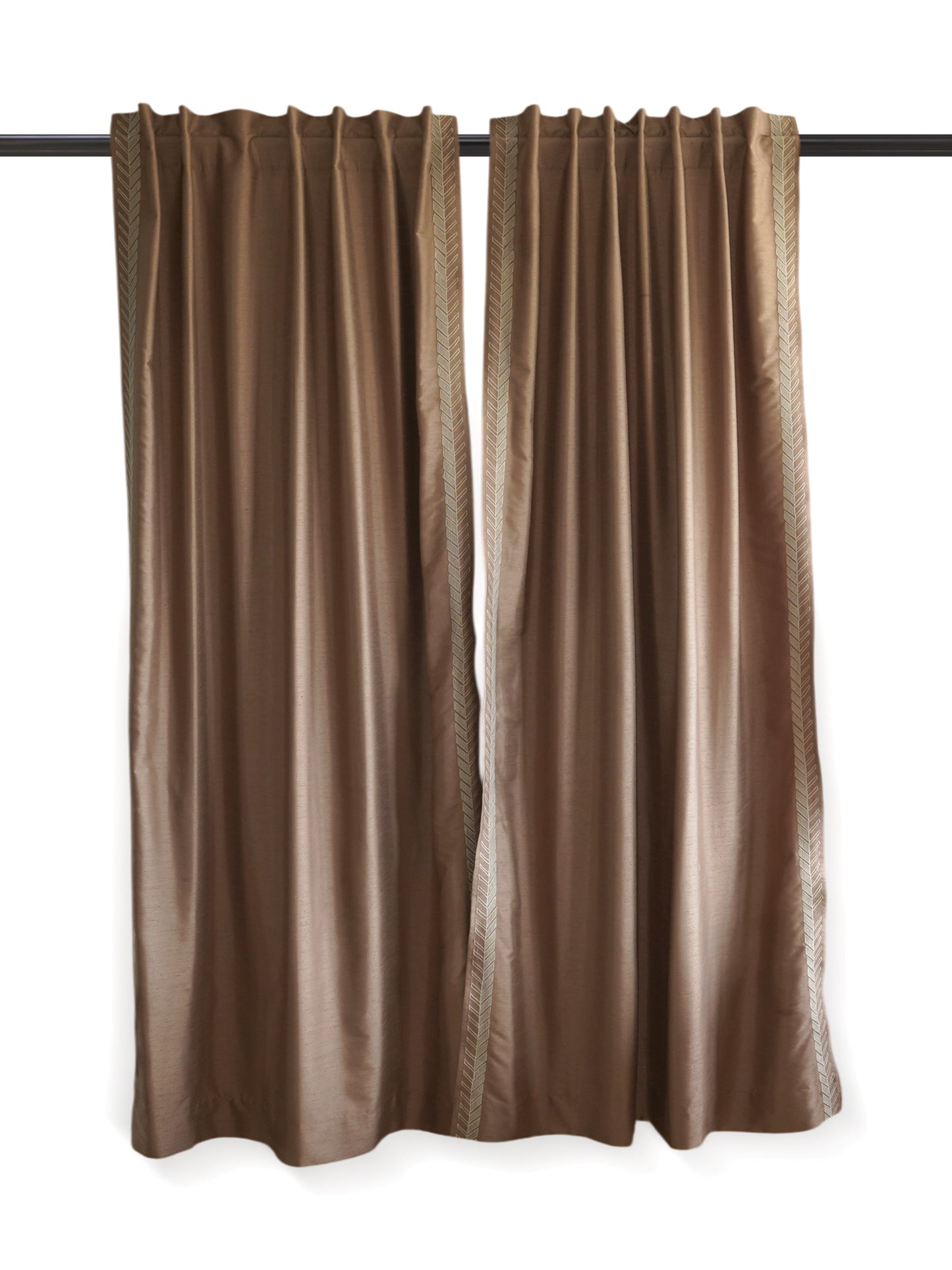 Door Curtain | Solid Brown Textured Leaf Embroidered Curtain | Back Loop | 52 Inch x 90 Inch | 7 ft