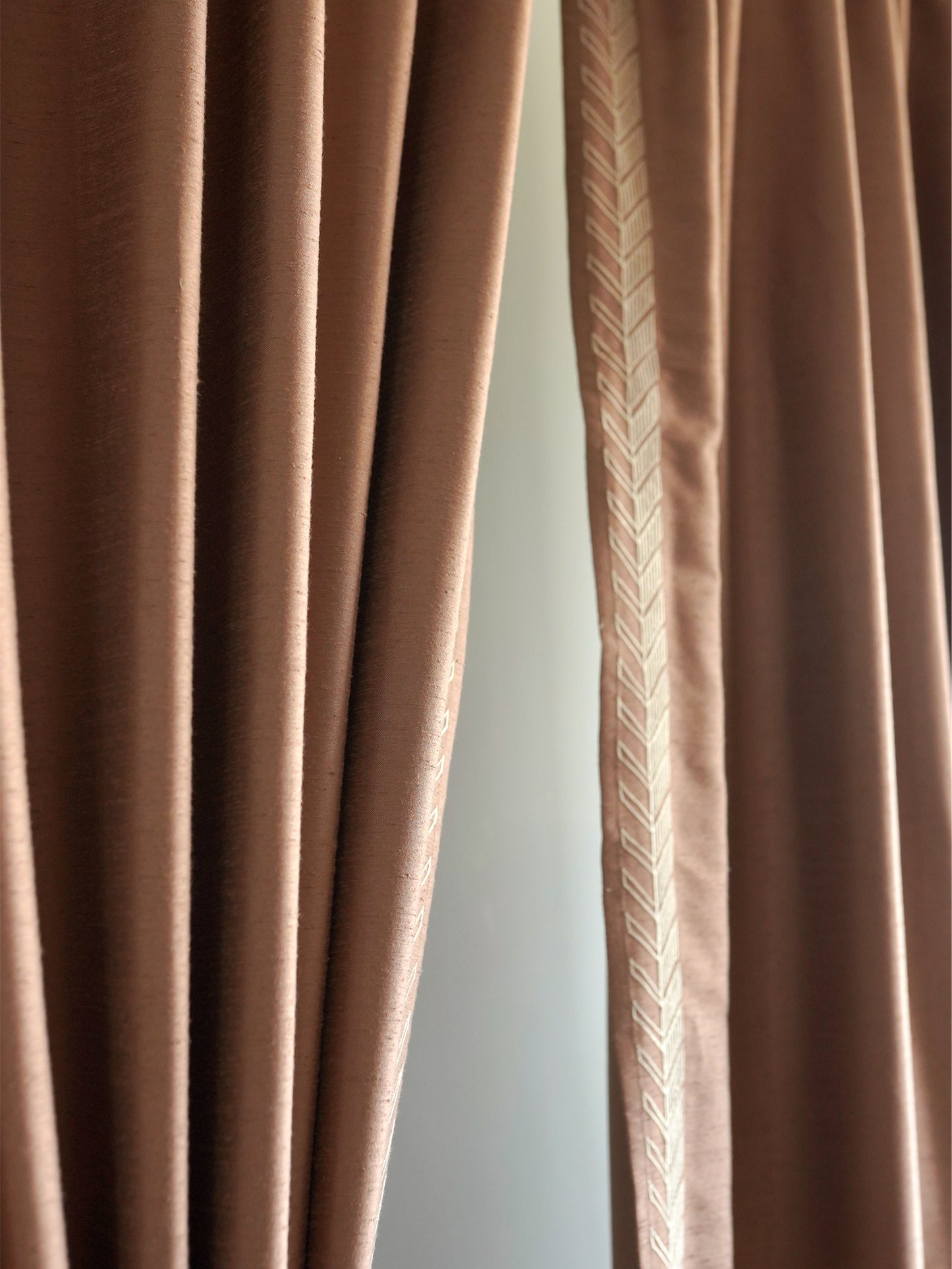 Door Curtain | Solid Brown Textured Leaf Embroidered Curtain | Back Loop | 52 Inch x 90 Inch | 7 ft