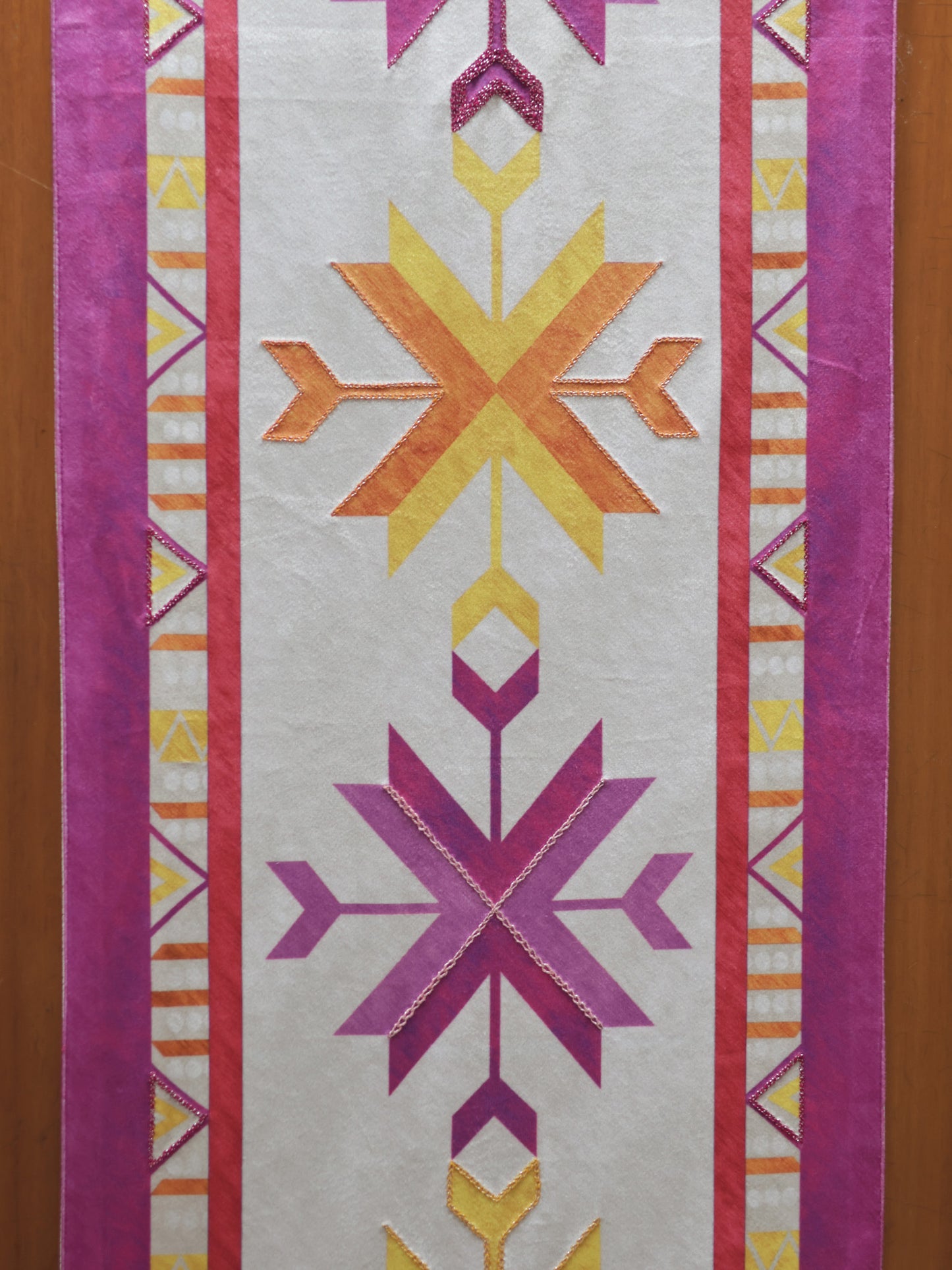 Phulkari Embroidered Velvet Table Runner | 4 and 6 Seater | 12 Inch x 84 Inch | Pink & Yellow