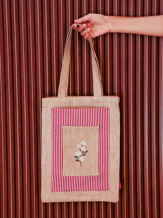 Floral Embroidered Tote Bag with Stripes | Valentine's Day Gift | Red and Brown - 11x15 inch