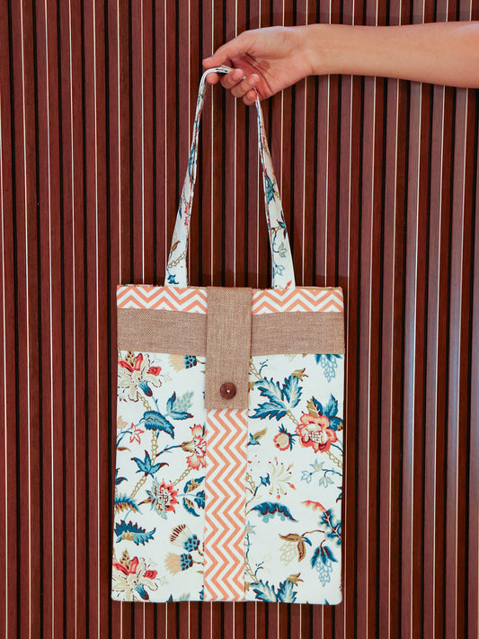 Floral and Cheveron Printed Tote bag with Button Opening | Valentine's Day Gift | White and Brown - 11x15 inch