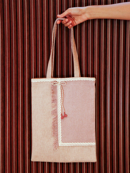 Self Textured Tote Bag with Frayed Patch, Lace with Bow | Valentine's Day Gift | Lilac - 11x15 inch