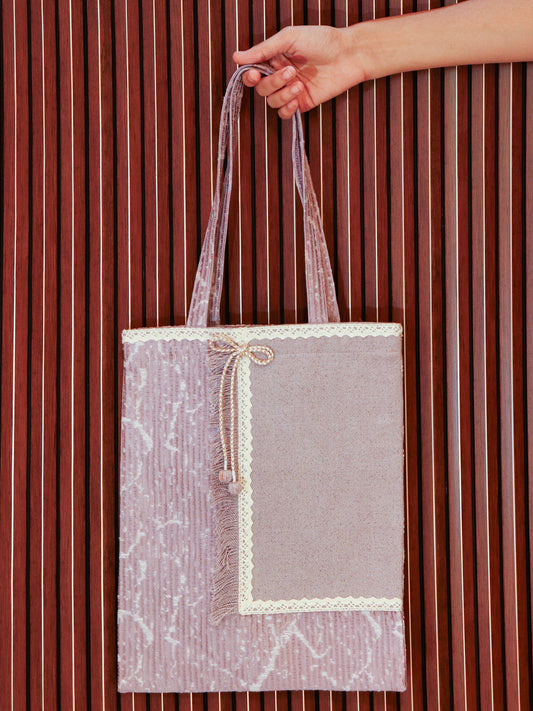 Self Textured Tote Bag with Frayed Patch, Lace with Bow | Valentine's Day Gift | Lilac - 11x15 inch