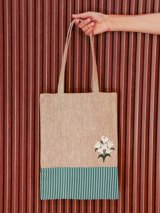 Floral Embroidered Tote Bag | Valentine's Day Gift | Brown & Green - 11x15 inch