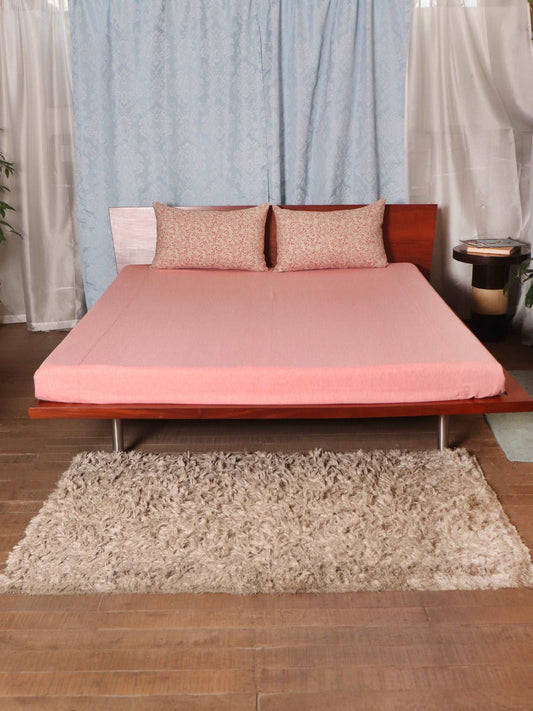 Blush Pink colored bed cover with 2 floral printed pillow covers made from cotton blend for queen size double bed 90x108 inch