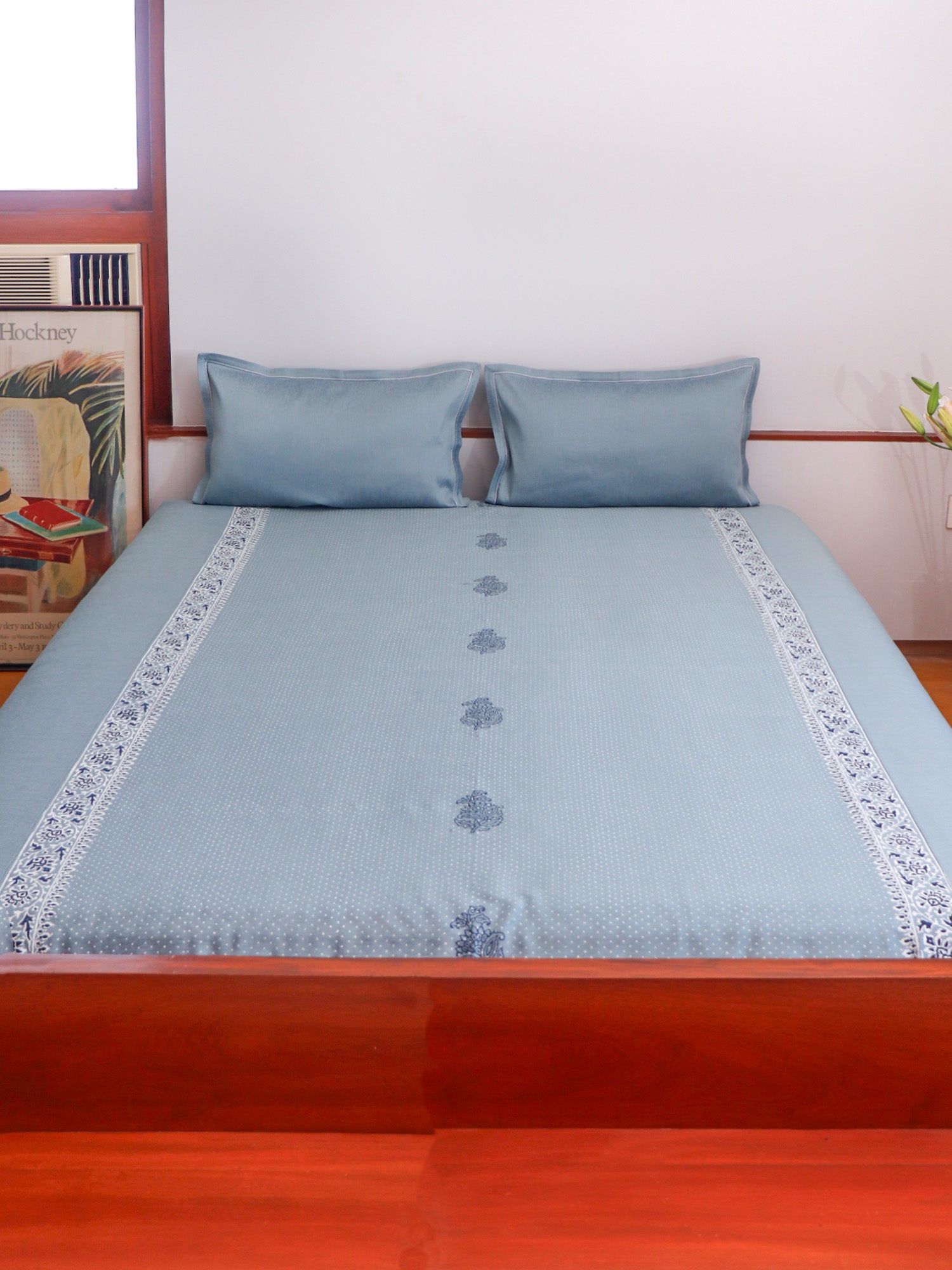 Block Printed Bedcover | Floral - Grey / Blue - 90x108 inch