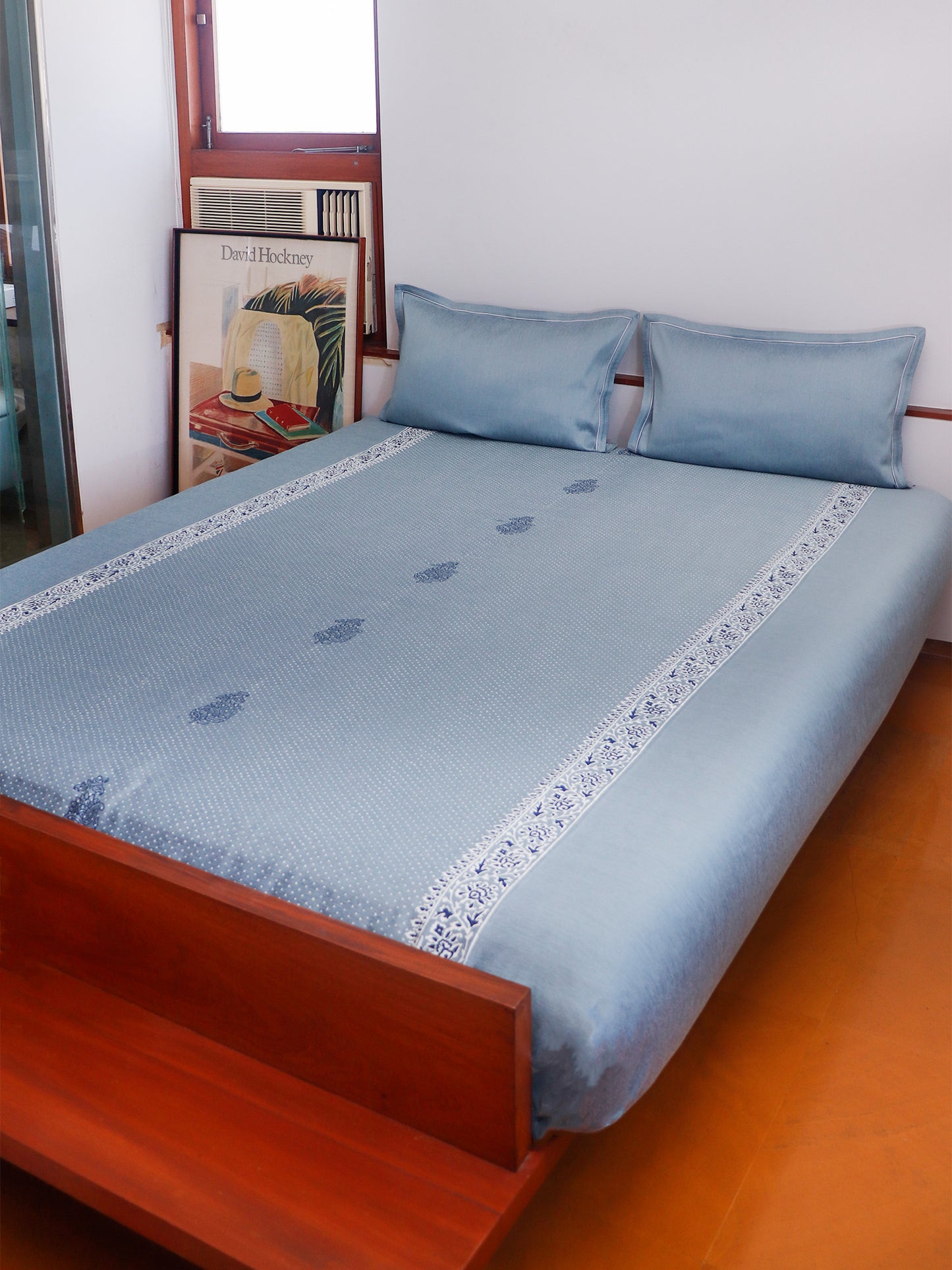 Block Printed Bedcover | Floral - Grey / Blue - 90x108 inch