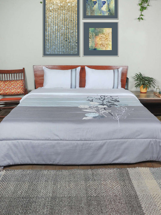 Grey blue colored embroidered bed quilt /comforter with 2 matching pillow covers made from polyester front and cotton backed quilt for king size double bed