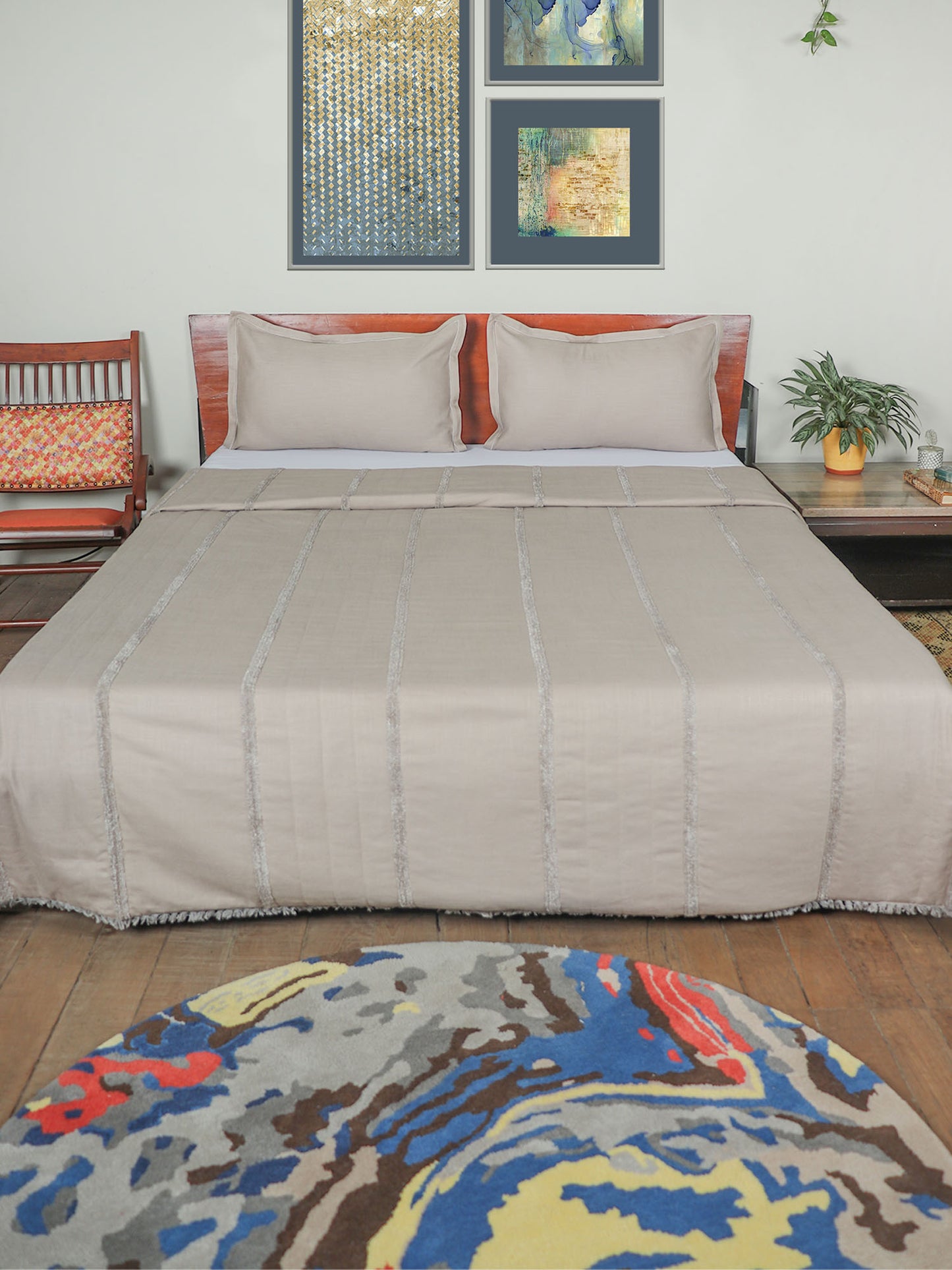 Quilt for Double Bed King Size | Towel Embroidery + Horizontal Quilting with Tassels| AC Comfortor/Blanket/Duvet | Cotton Blend with 300TC Cotton Backing - Beige | 90x108 inch (228x274 cms)