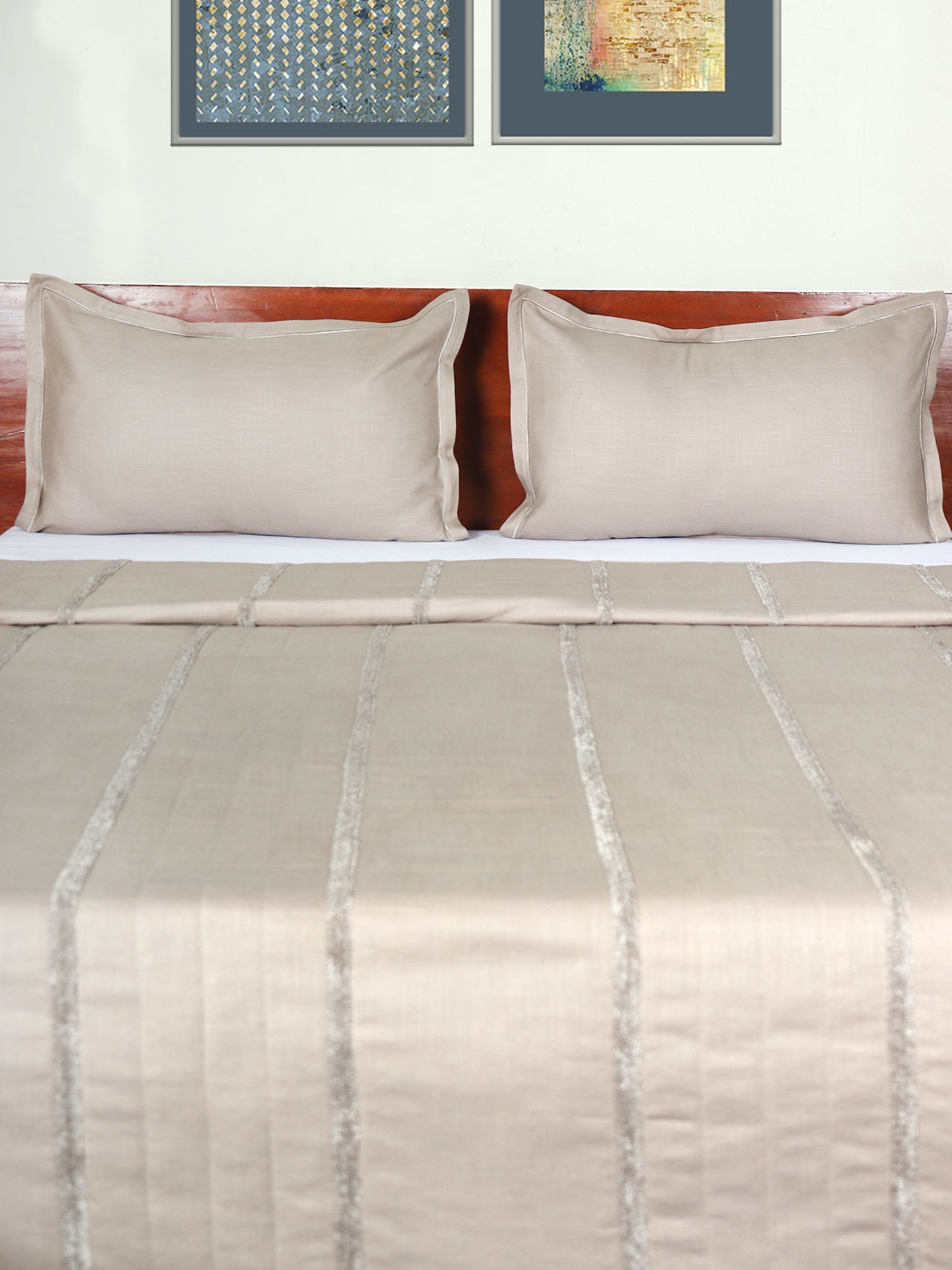 Quilt for Double Bed King Size | Towel Embroidery + Horizontal Quilting with Tassels| AC Comfortor/Blanket/Duvet | Cotton Blend with 300TC Cotton Backing - Beige | 90x108 inch (228x274 cms)