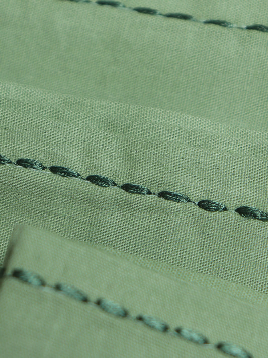 closeup of chawal taka hand embroidered set of 6 dinner napkins in olive green color - 16x16 inch