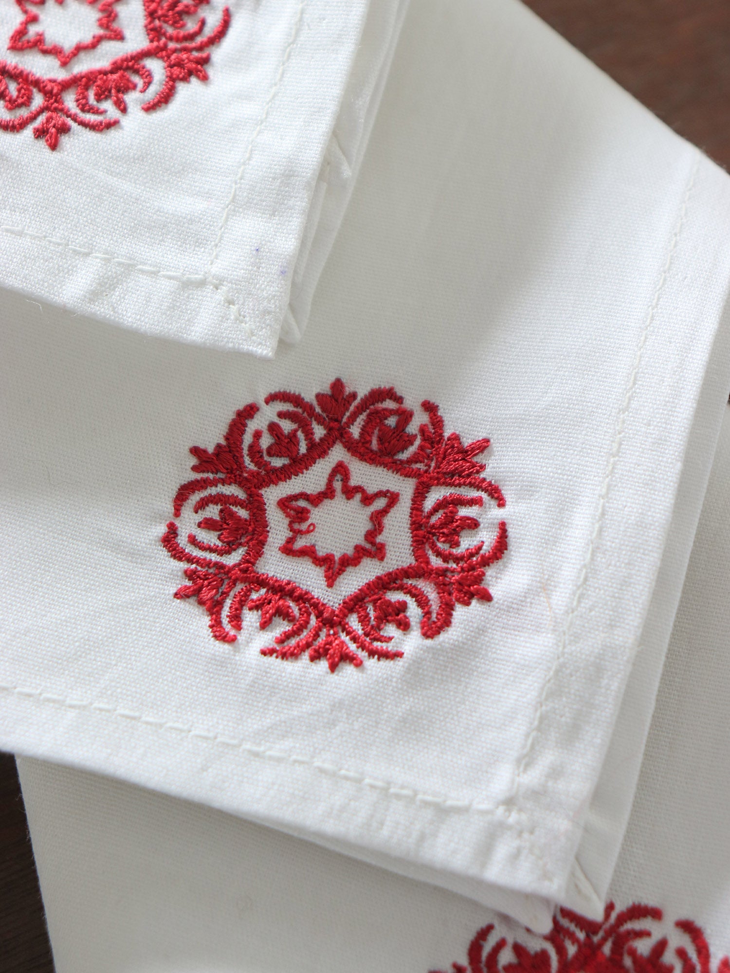 Vintage White Linen with 2024 Red Hand EMBROIDERED FLOWER Napkin Set of 4