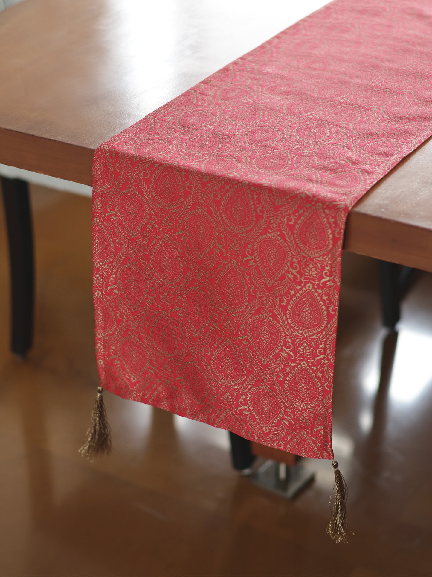 Golden Zari Broacade Table Runner with Tassels | Red | 12 x 84 inch