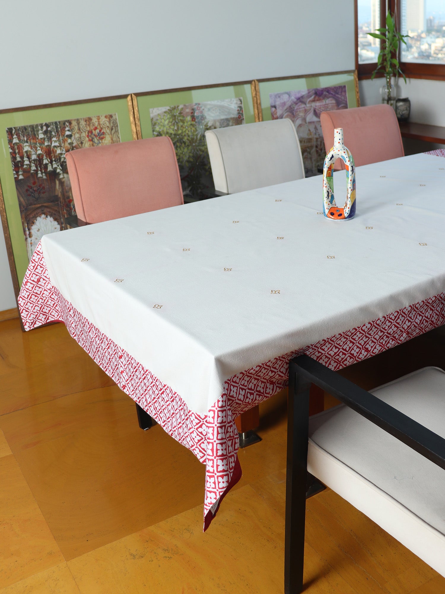 red and white colored printed Table cover with golden embroidery for 6 seater table 52x84 inches