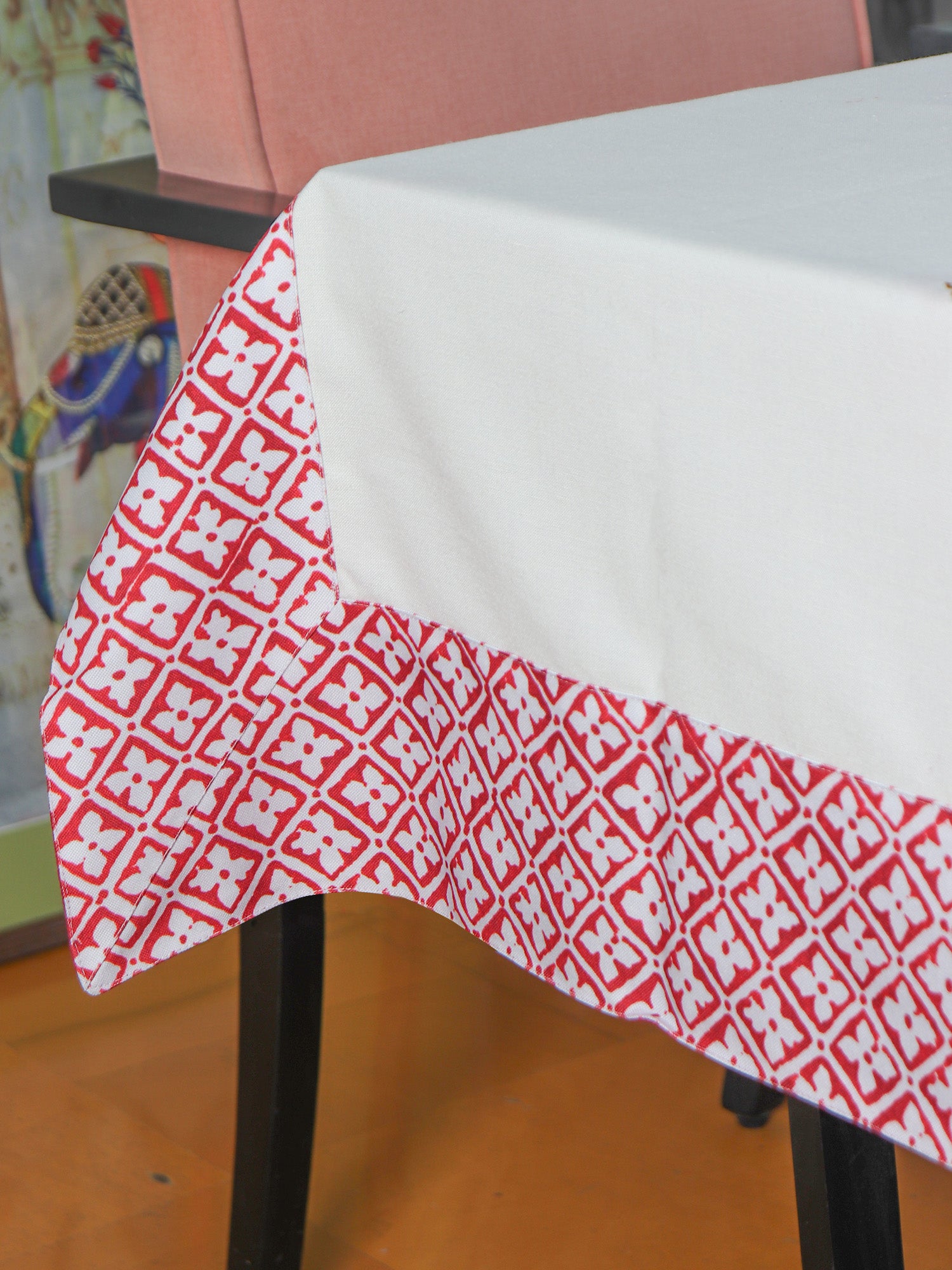 red and white colored printed Table cover with golden embroidery for 6 seater table 52x84 inches