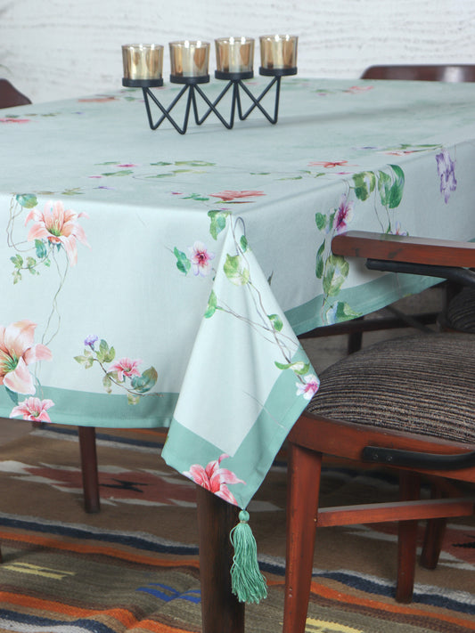 Table Cover Floral Pattern with Tassels | Polycanvas, Green - 52in x 84in