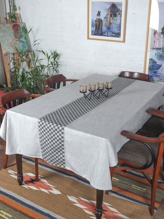 Table Cover Self Textured with Patchwork in Middle | Polycanvas, White & Black - 52in x 84in