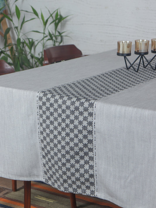 Table Cover Self Textured with Patchwork in Middle | Polycanvas, White & Black - 52in x 84in