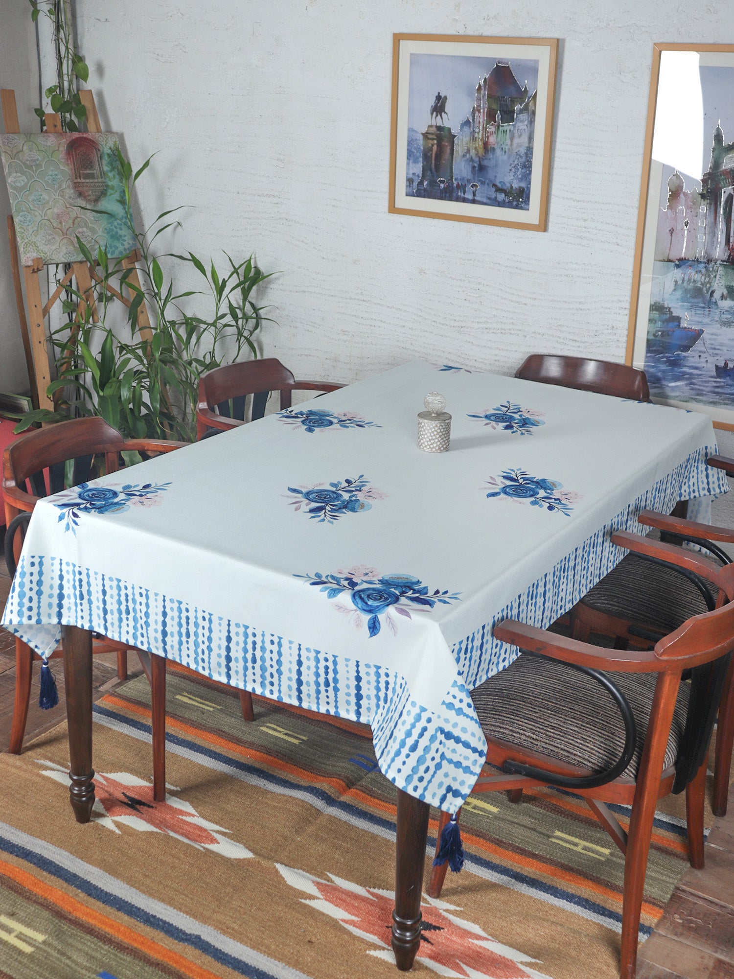 Table Cover Floral Pattern with Tassels | Polycanvas, Blue - 52in x 84in