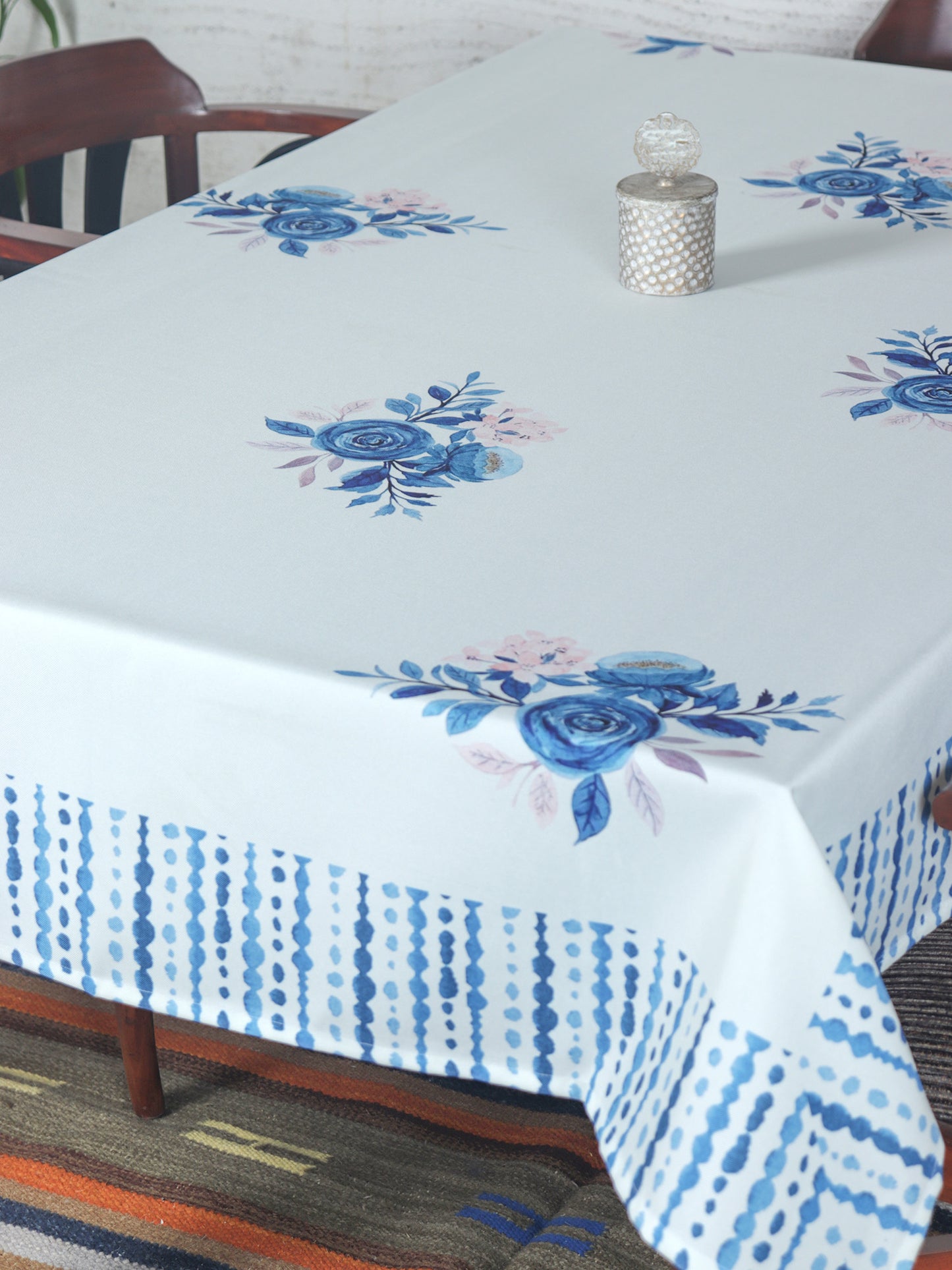 Table Cover Floral Pattern with Tassels | Polycanvas, Blue - 52in x 84in