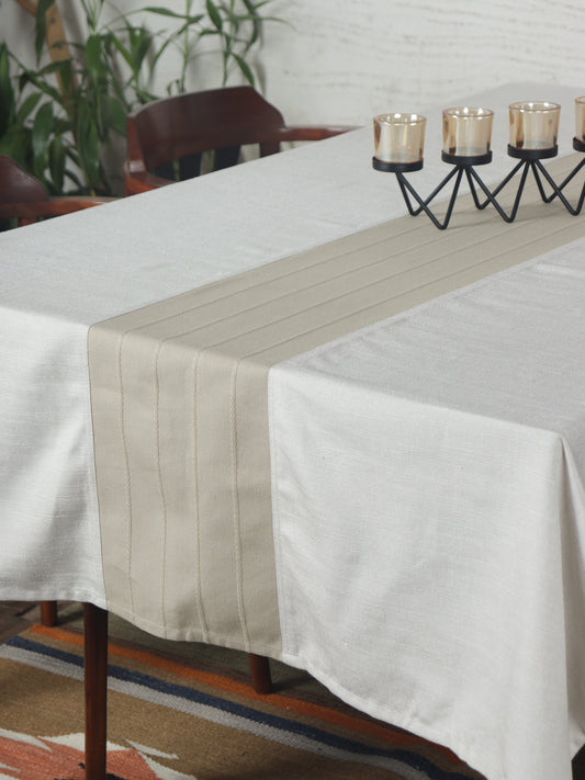 Table Cover with Embroidered Patchwork in Middle | Polycanvas, White & Beige - 52in x 84in