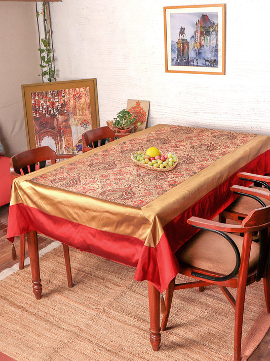 Brocade Table Cover with Self Textured Pattern with Golden/Red Border with Golden Tassels - 52in x 84in