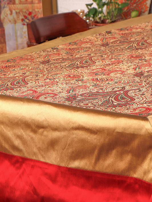 Brocade Table Cover with Self Textured Pattern with Golden/Red Border with Golden Tassels - 52in x 84in