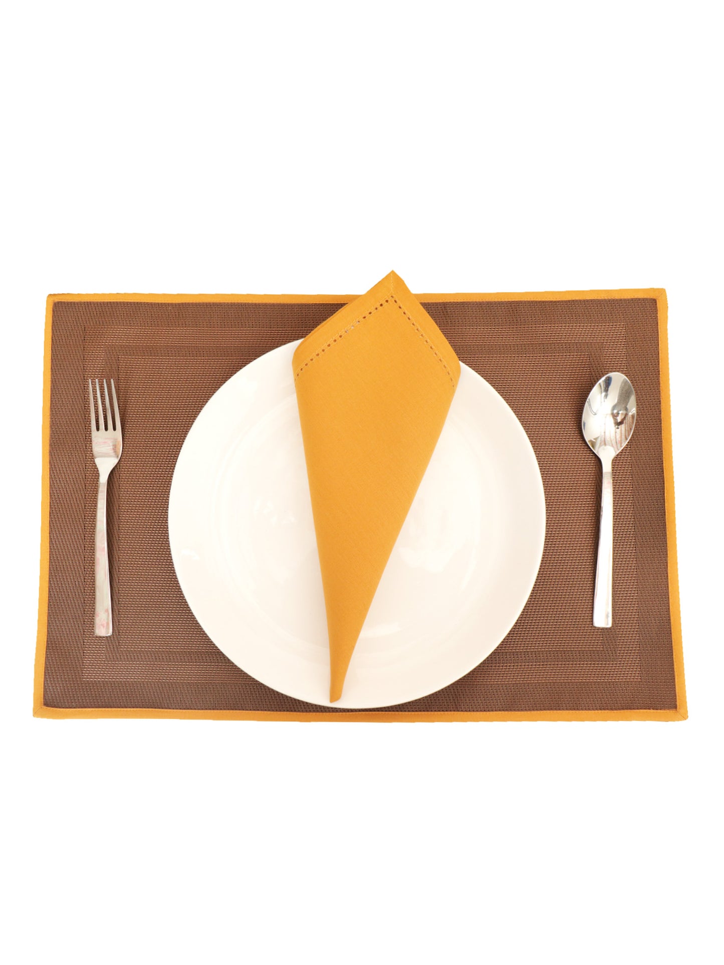 Solid Dinner Table Mats and Table Napkin | Flat Piping | Set of 6 | Brown and Mustard | Polyester | Cotton | 12 Inch x 18 Inch | 16 Inch x 16 Inch