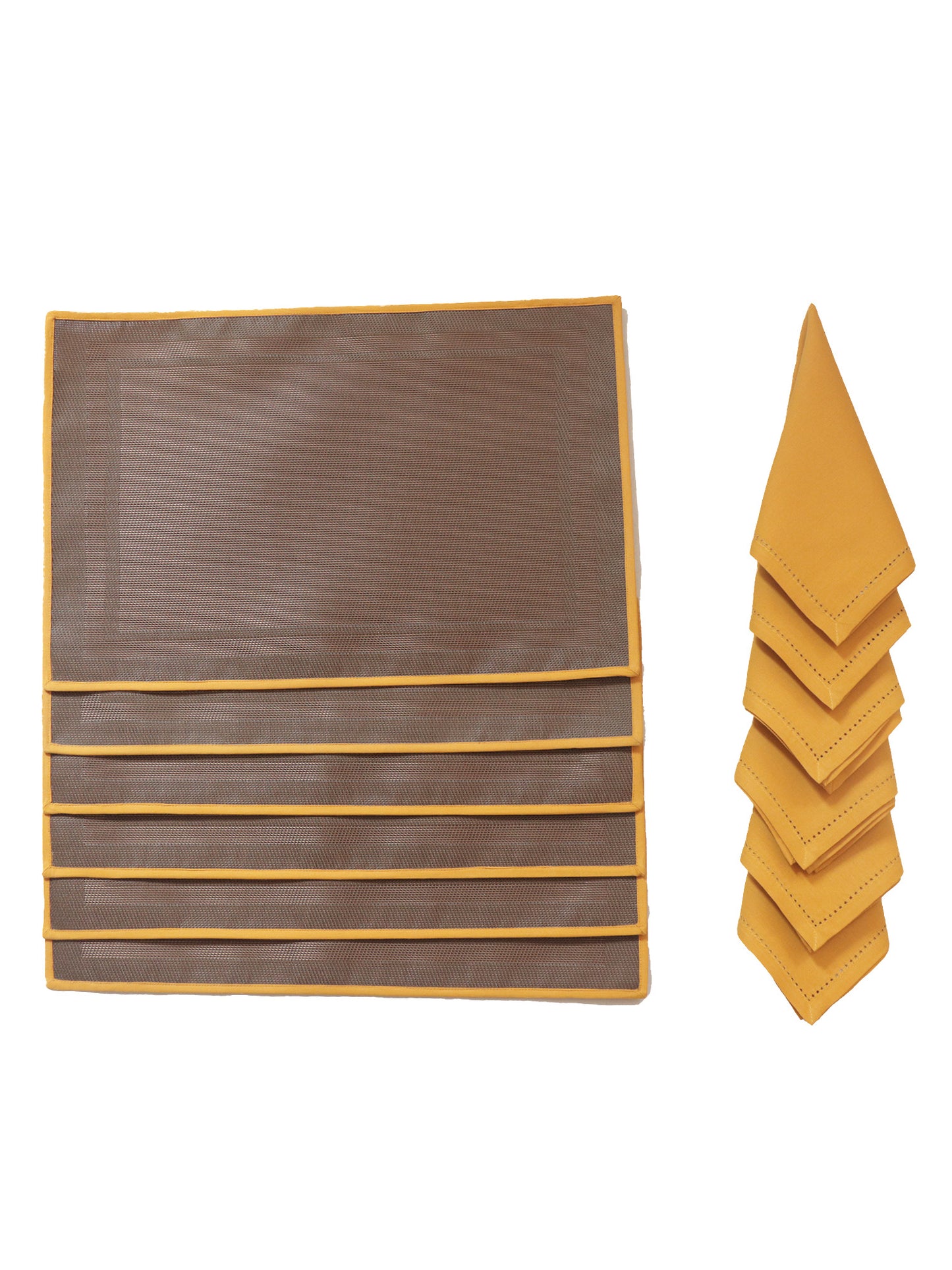 Solid Dinner Table Mats and Table Napkin | Flat Piping | Set of 6 | Brown and Mustard | Polyester | Cotton | 12 Inch x 18 Inch | 16 Inch x 16 Inch