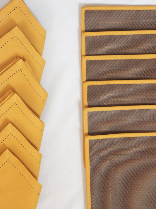 Table Mats and Napkin with Flat Piping, Brown and Mustard Yellow - 12x18in, 16x16in