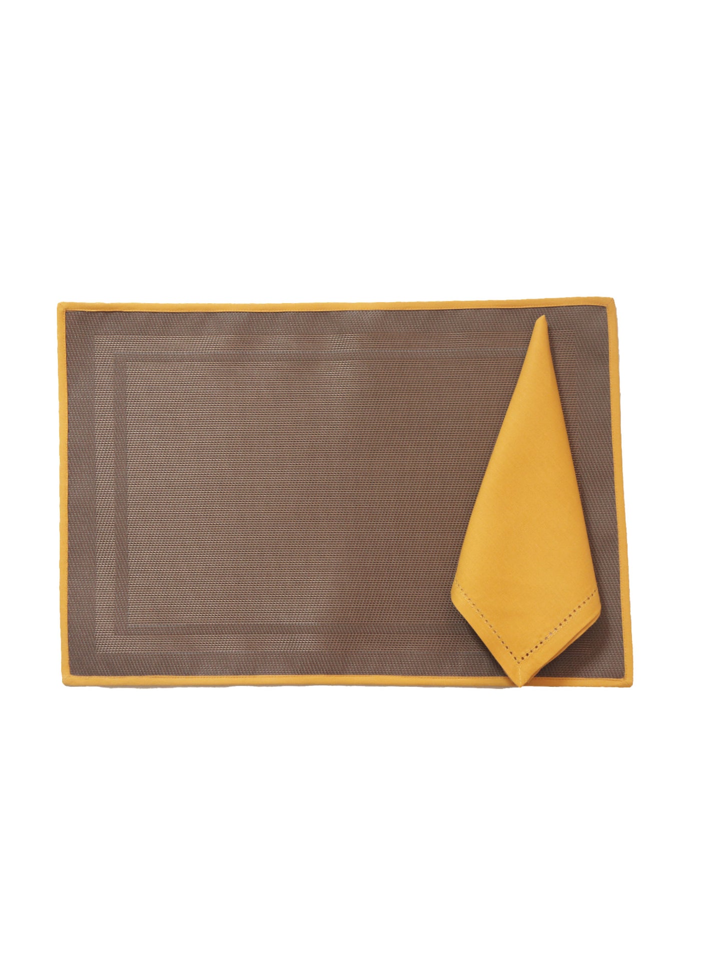 Solid Dinner Table Mats and Table Napkin | Flat Piping | Set of 6 | Brown and Mustard | Polyester | Cotton | 12 Inch x 18 Inch | 16 Inch x 16 Inch