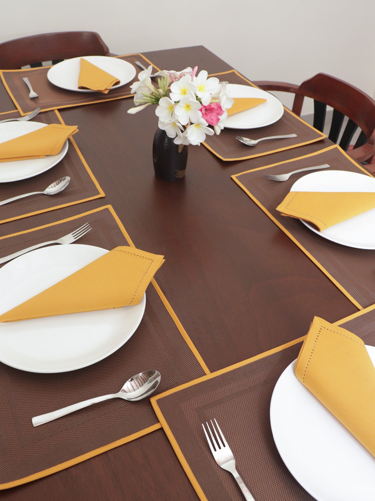 Solid Dinner Table Mats and Table Napkin | Flat Piping | Set of 6 | Brown and Mustard | Polyester | Cotton | 12 Inch x 18 Inch | 16 Inch x 16 Inch