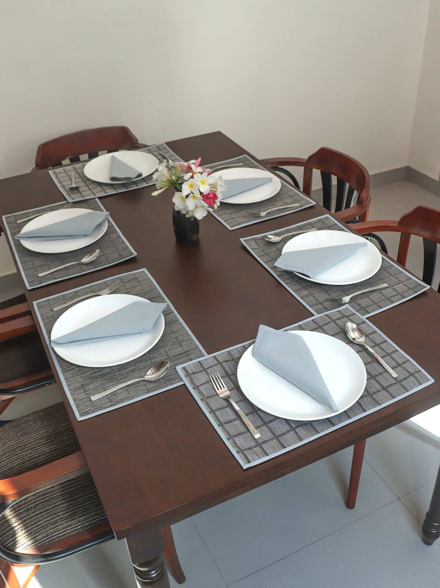 Solid Dinner Table Mats and Table Napkin | Flat Piping | Set of 6 | Grey and Blue | Polyester | Cotton | 12 Inch x 18 Inch | 16 Inch x 16 Inch