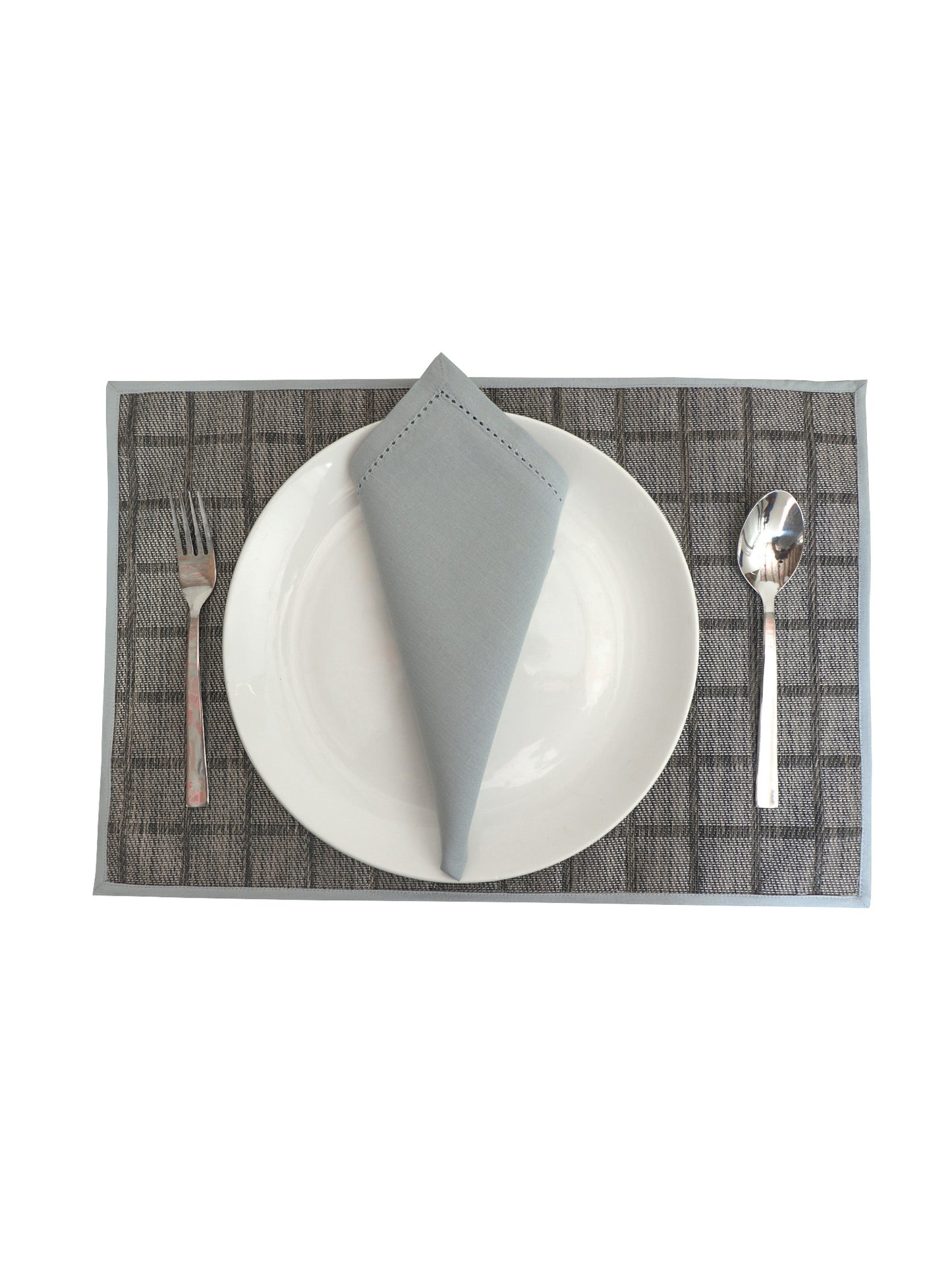 Solid Dinner Table Mats and Table Napkin | Flat Piping | Set of 6 | Grey and Blue | Polyester | Cotton | 12 Inch x 18 Inch | 16 Inch x 16 Inch