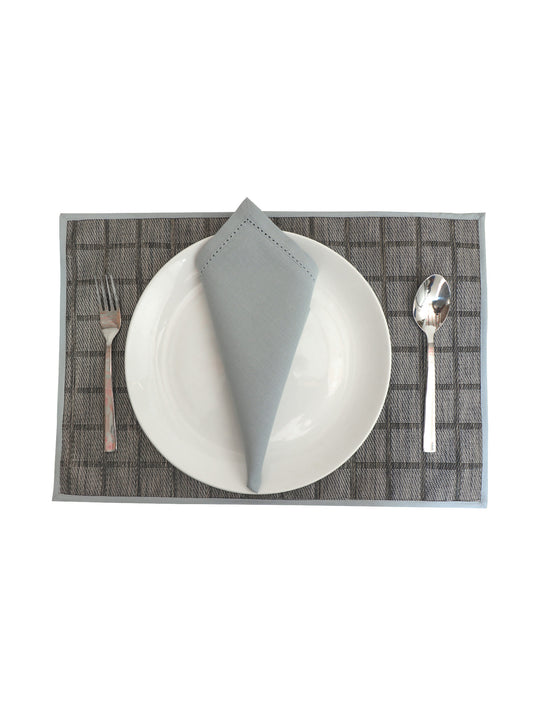 Solid Dinner Table Mats and Table Napkin | Flat Piping | Set of 6 | Grey and Blue | Polyester | Cotton | 12 Inch x 18 Inch | 16 Inch x 16 Inch