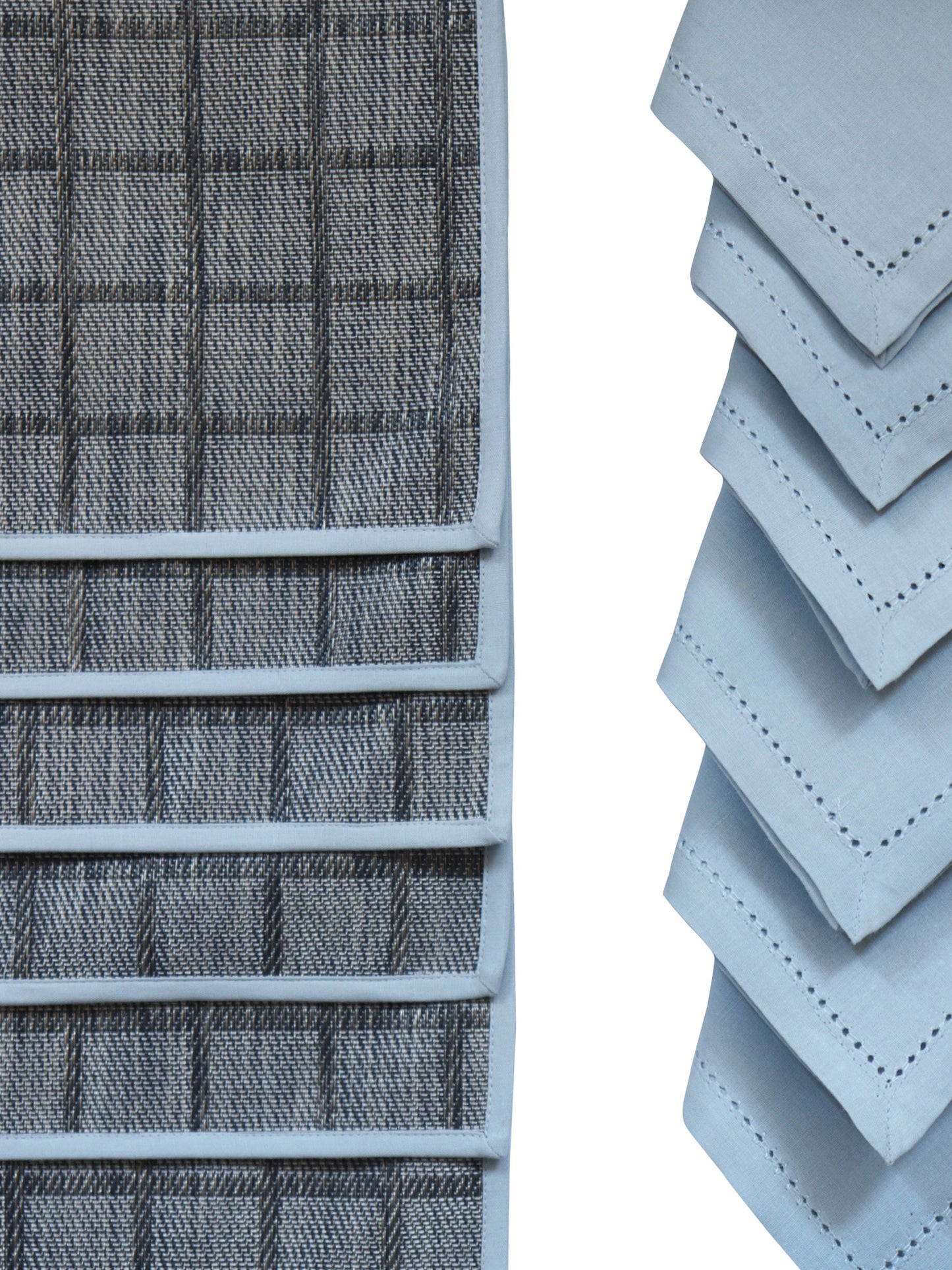 Solid Dinner Table Mats and Table Napkin | Flat Piping | Set of 6 | Grey and Blue | Polyester | Cotton | 12 Inch x 18 Inch | 16 Inch x 16 Inch