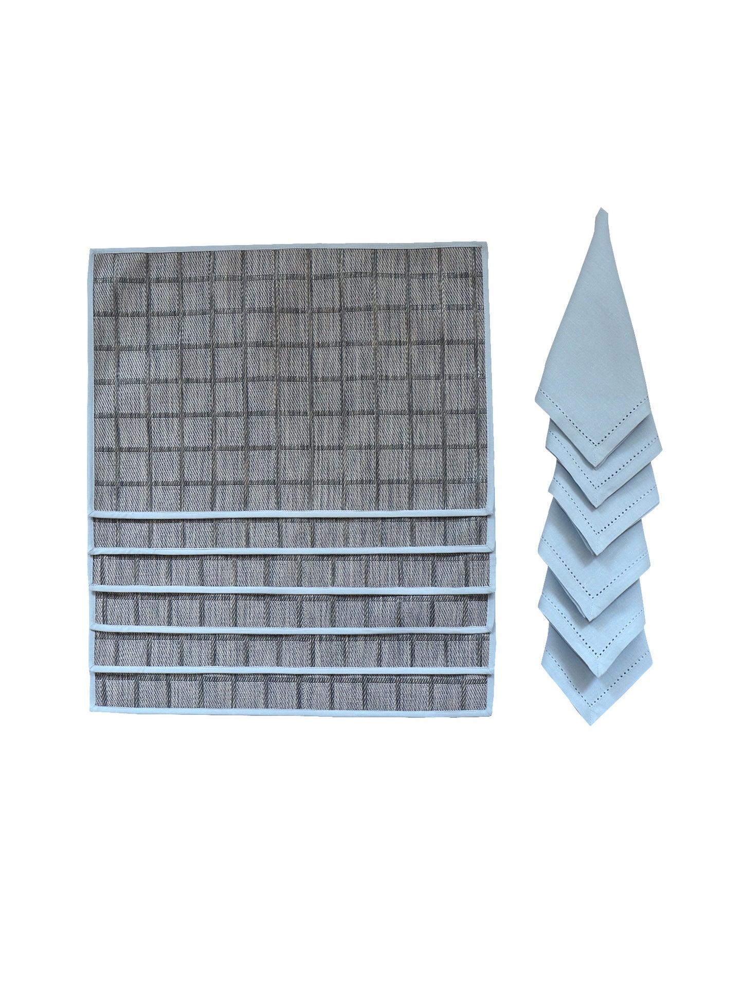 Solid Dinner Table Mats and Table Napkin | Flat Piping | Set of 6 | Grey and Blue | Polyester | Cotton | 12 Inch x 18 Inch | 16 Inch x 16 Inch
