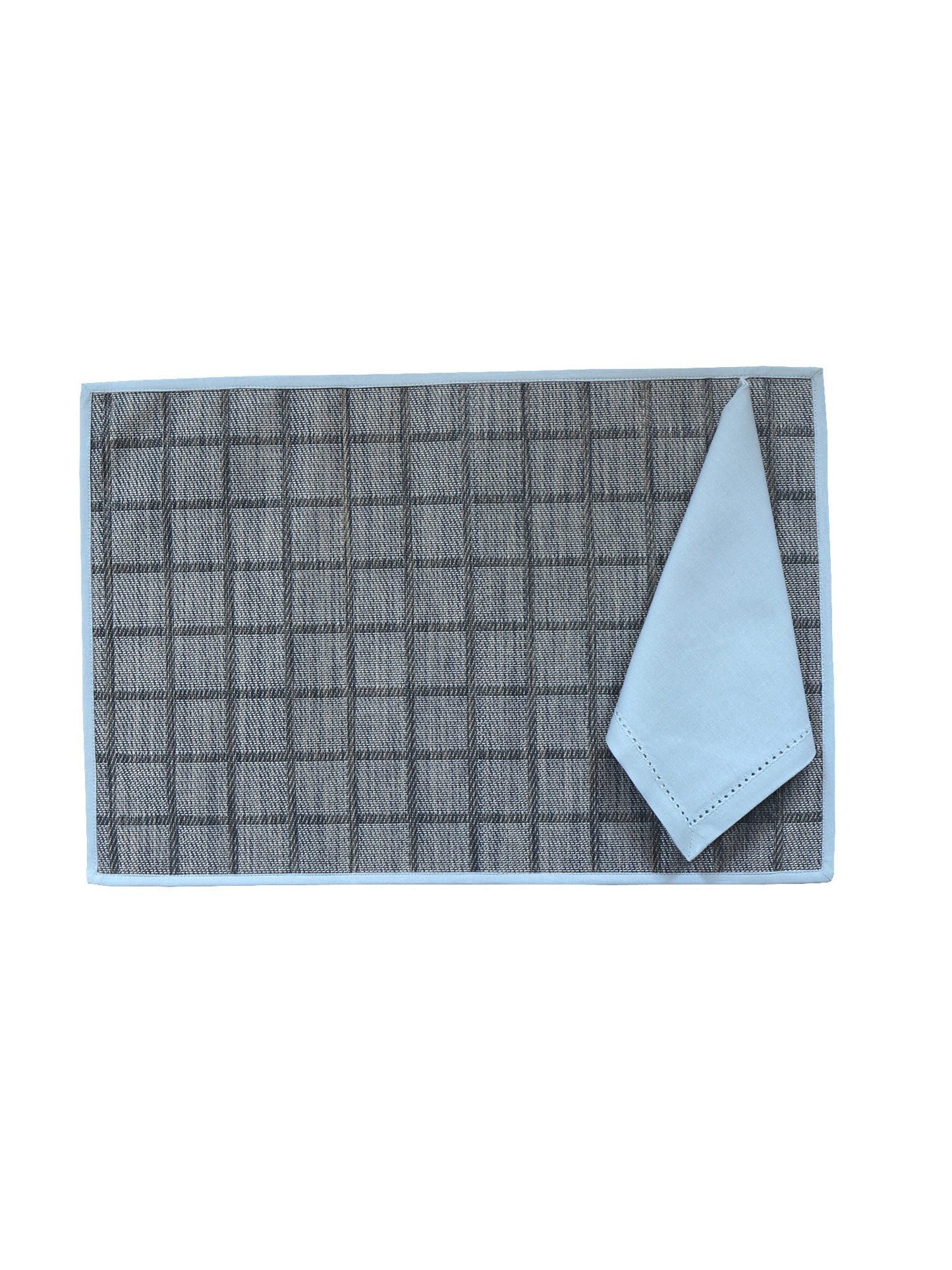 Solid Dinner Table Mats and Table Napkin | Flat Piping | Set of 6 | Grey and Blue | Polyester | Cotton | 12 Inch x 18 Inch | 16 Inch x 16 Inch