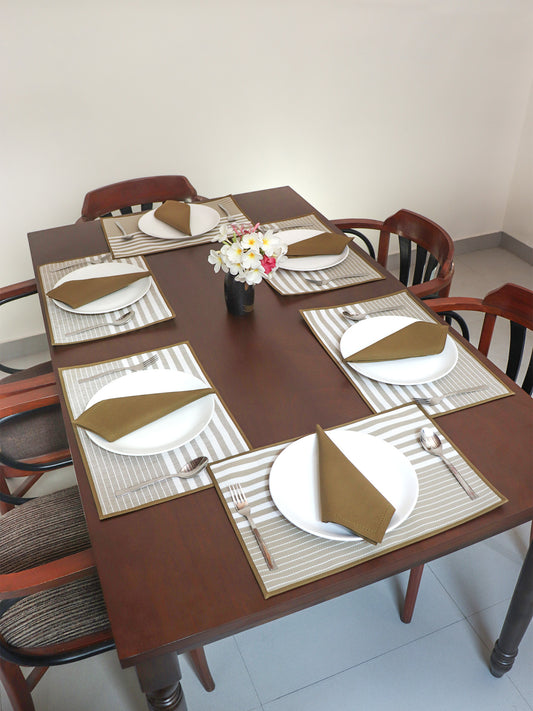Solid Dinner Table Mats and Table Napkin | Flat Piping | Olive | Set of 6 | Polyester | Cotton | 12 Inch x 18 Inch | 16 Inch x 16 Inch