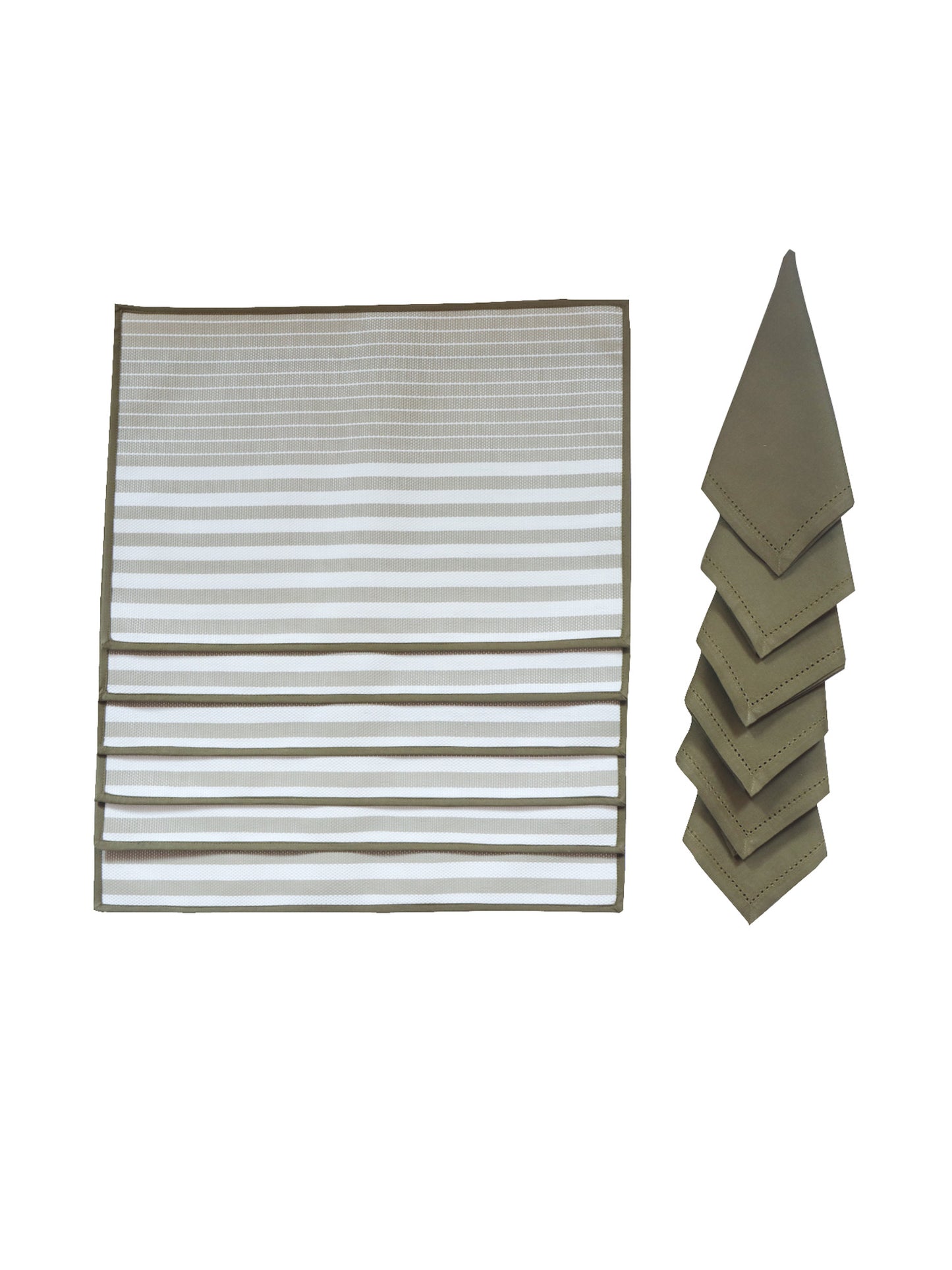 Solid Dinner Table Mats and Table Napkin | Flat Piping | Olive | Set of 6 | Polyester | Cotton | 12 Inch x 18 Inch | 16 Inch x 16 Inch