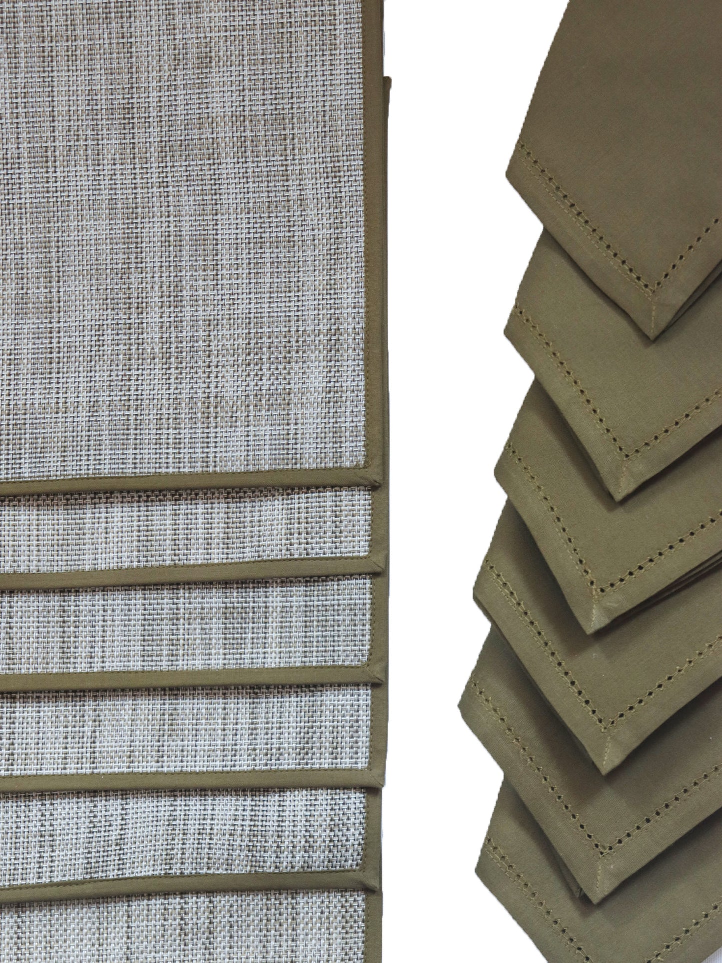 Solid Dinner Table Mats and Table Napkin | Flat Piping | Set of 6 | Olive | Polyester | Cotton | 12 Inch x 18 Inch | 16 Inch x 16 Inch