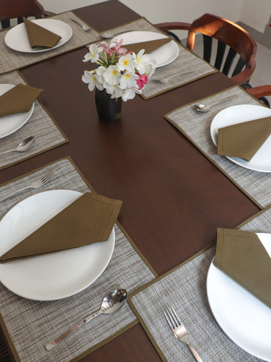 Solid Dinner Table Mats and Table Napkin | Flat Piping | Set of 6 | Olive | Polyester | Cotton | 12 Inch x 18 Inch | 16 Inch x 16 Inch