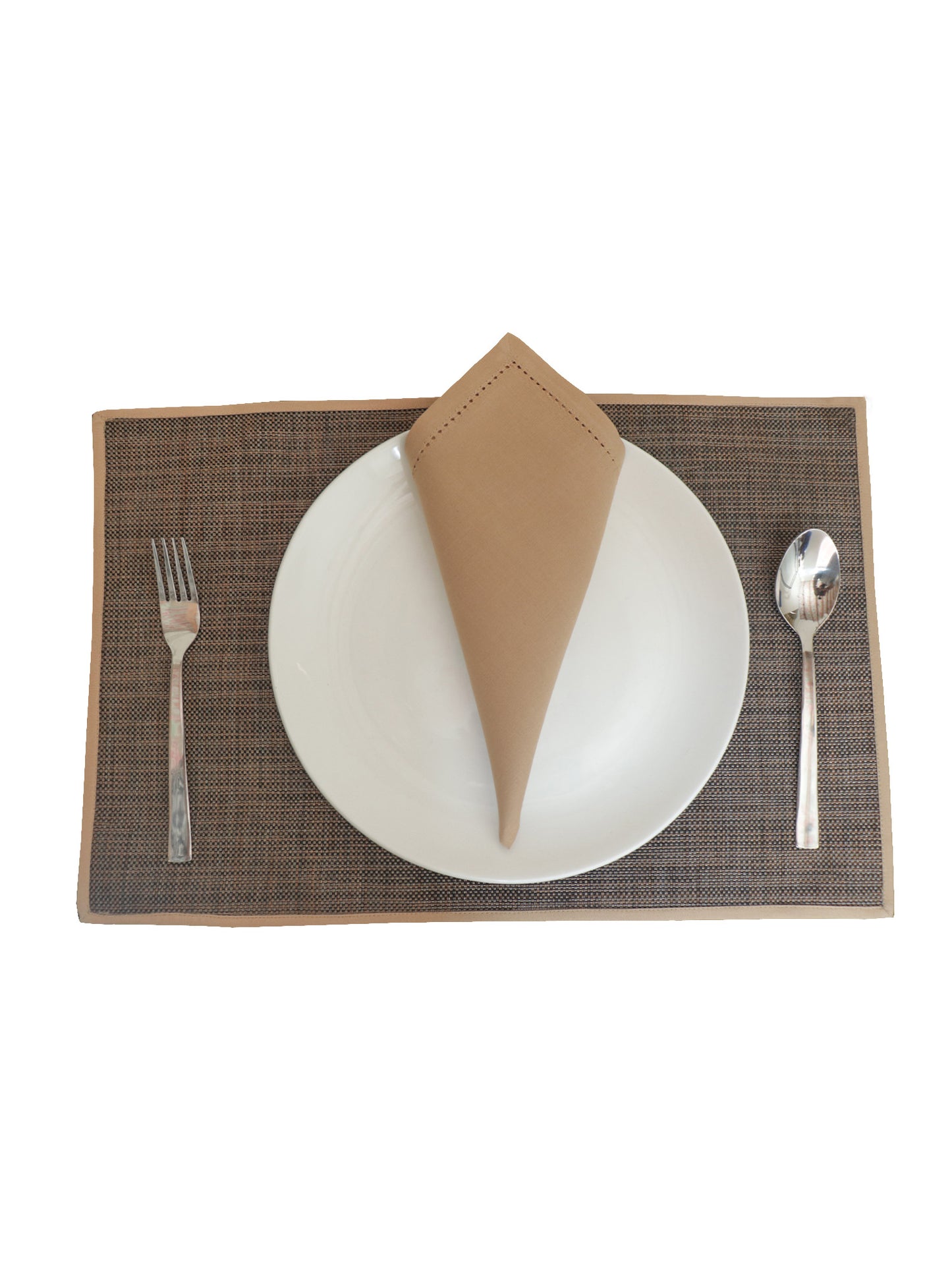 Solid Dinner Table Mats and Table Napkin | Flat Piping | Set of 6 | Brown and Beige | Polyester | Cotton | 12 Inch x 18 Inch | 16 Inch x 16 Inch