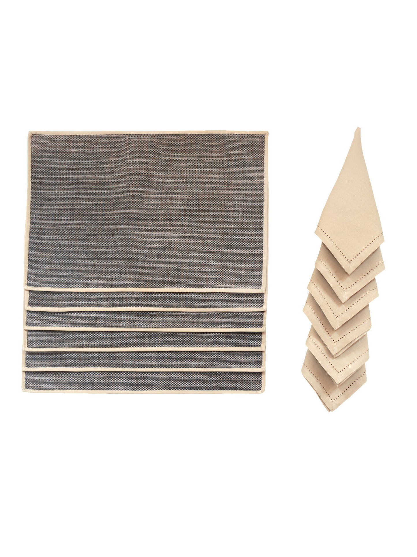 Solid Dinner Table Mats and Table Napkin | Flat Piping | Set of 6 | Brown and Beige | Polyester | Cotton | 12 Inch x 18 Inch | 16 Inch x 16 Inch
