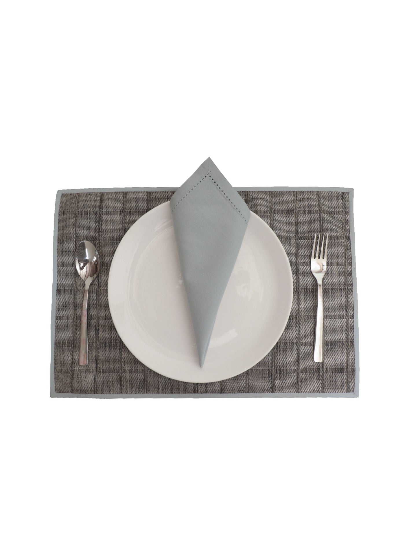 Solid Dinner Table Mats and Table Napkin | Flat Piping | Set of 6 | Grey and Blue | Polyester | Cotton | 12 Inch x 18 Inch | 16 Inch x 16 Inch