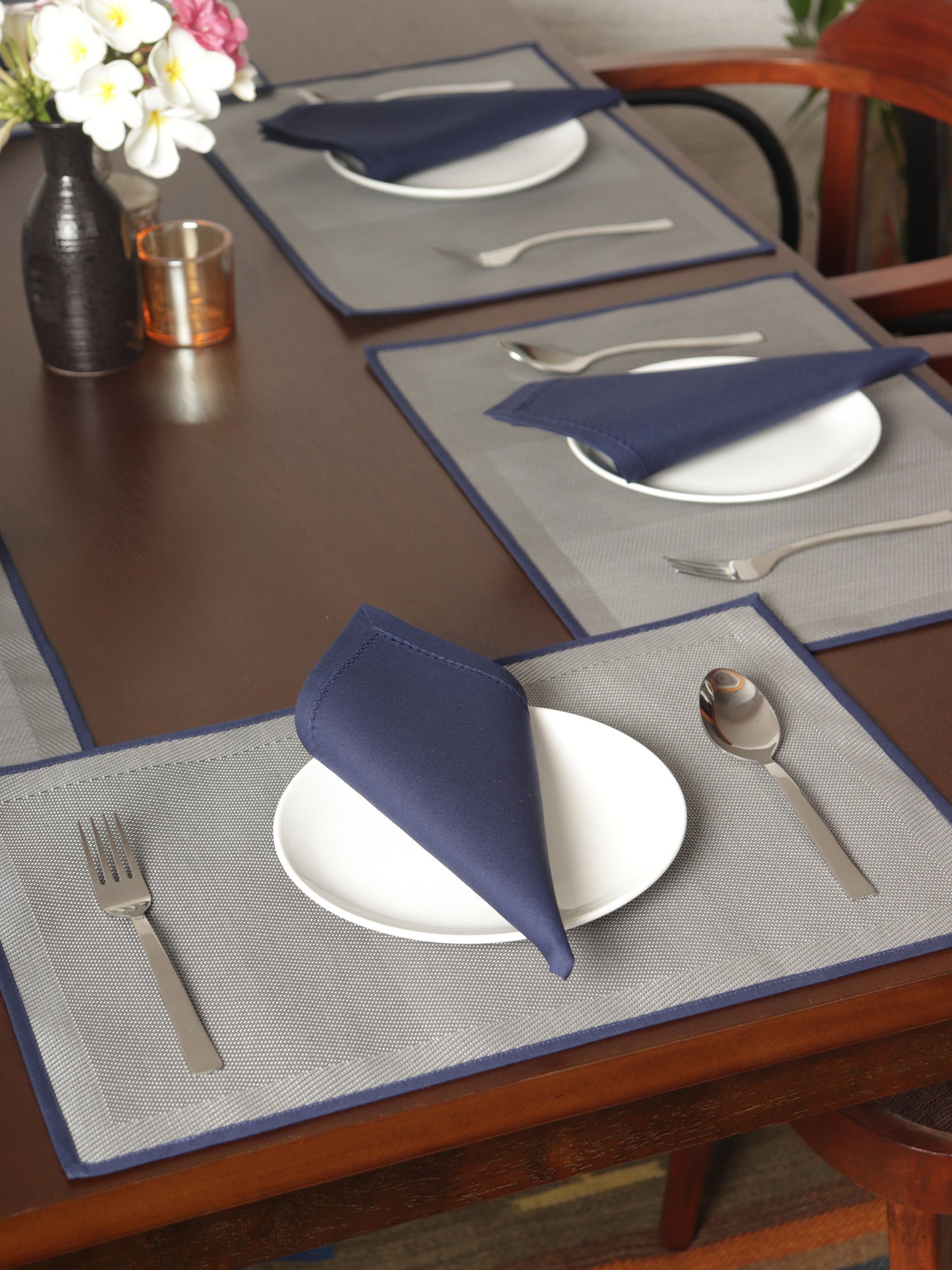 Solid Dinner Table Mats and Table Napkin | Flat Piping | Grey & Blue| Set of 6 | Polyester | Cotton | 12 Inch x 18 Inch | 16 Inch x 16 Inch