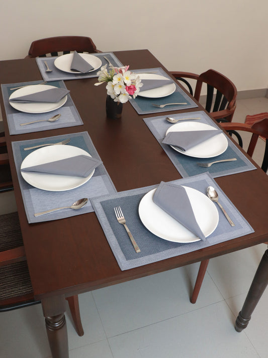 Solid Dinner Table Mats and Table Napkin | Flat Piping | Grey & Blue | Set of 6 | Polyester | Cotton | 12 Inch x 18 Inch | 16 Inch x 16 Inch